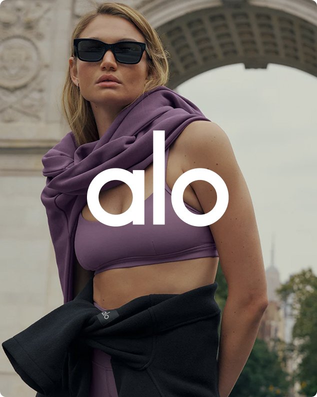 A high-end lifestyle photo of a model in purple Alo Yoga athleisure with the 'alo' logo overlaid, featured by Funnel Unpacked as a case study for premium brand marketing