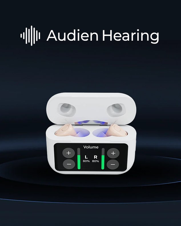 A modern white charging case for Audien Hearing aids with a digital volume display, featured as a case study by Funnel Unpacked for disruptive health tech marketing