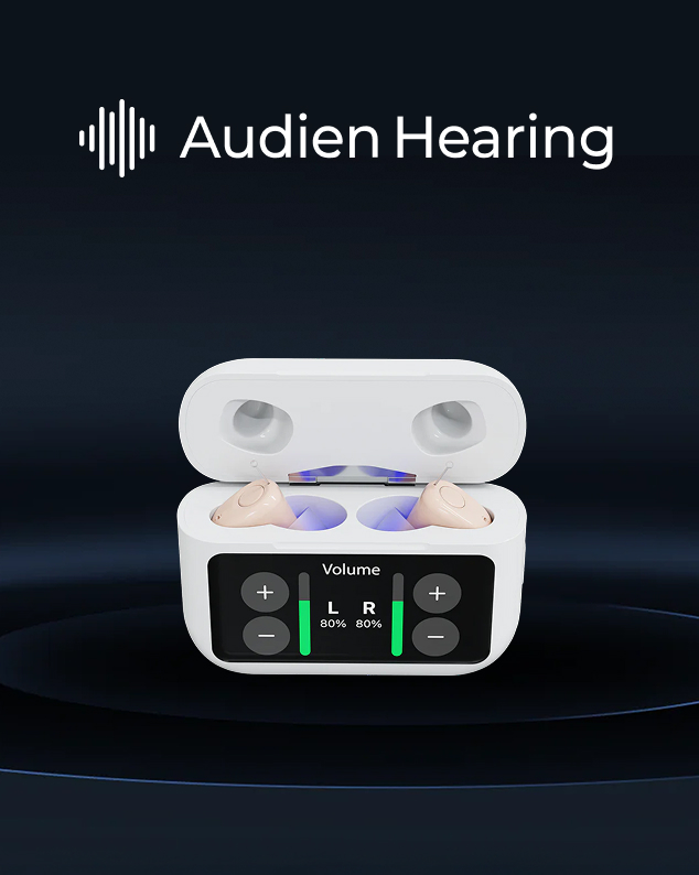 Audien Hearing Atom series hearing aids in a smart charging case with a digital volume and battery display, showcasing high-tech product design in a consumer health marketing funnel.
