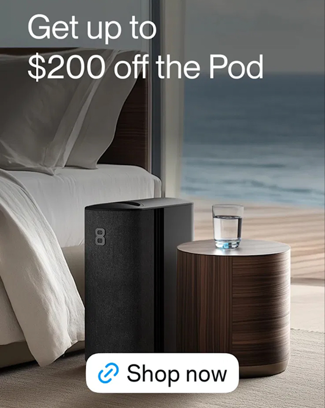 Eight Sleep Pod smart mattress cooling unit in a luxury bedroom setting, featuring a conversion-driven promotional offer of $200 off, representing a high-ticket technology marketing funnel.