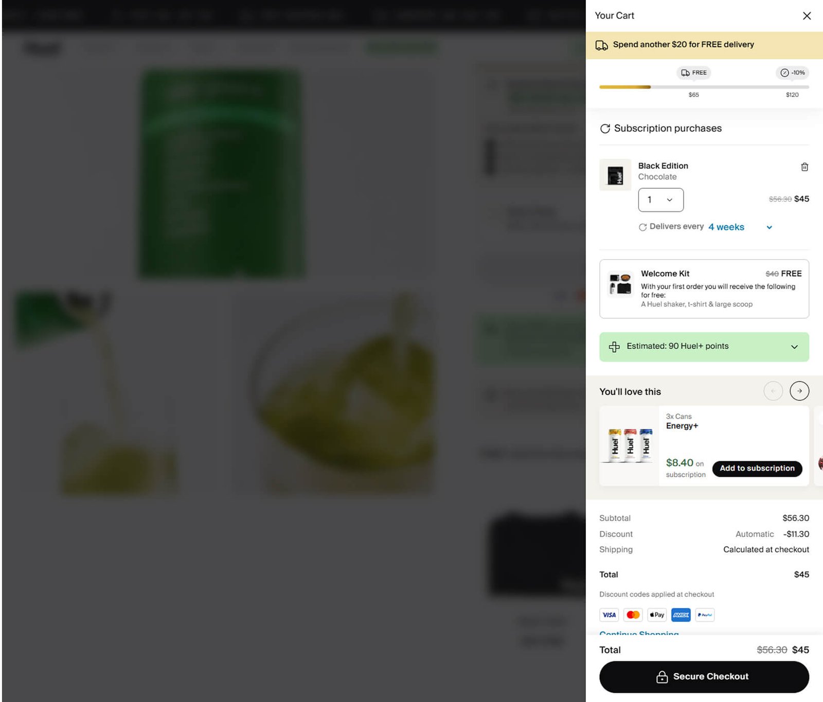 Huel desktop cart drawer with green progress bar showing free delivery at 65 dollars and 10 percent off at 120 dollars, Watermelon Daily Greens at 45 percent off short-dated stock, and Ready-to-drink Black Edition subscription add-on