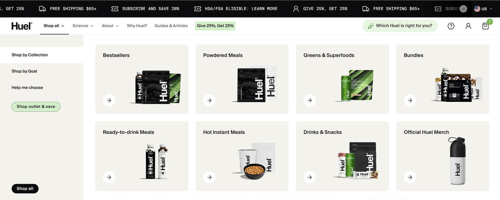 Huel desktop mega menu for Shop All showing Shop by Collection, Shop by Goal, and Help me choose tabs with eight product categories including Bestsellers Powdered Meals Greens and Superfoods Bundles Ready-to-drink Hot Instant Meals Drinks and Snacks and Official Merch