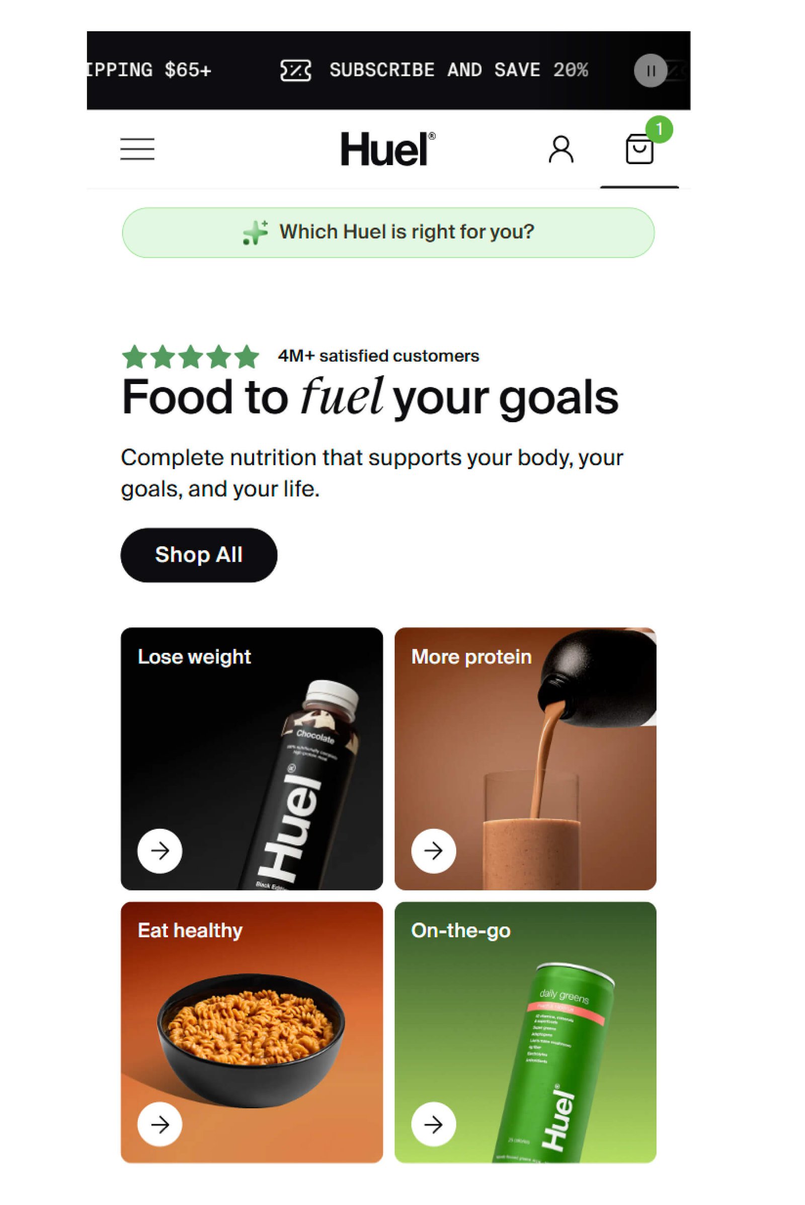 Huel mobile homepage hero with star rating, 4M satisfied customers badge, Food to fuel your goals headline, black Shop All button, and four product category cards for weight loss protein healthy eating and on the go meals