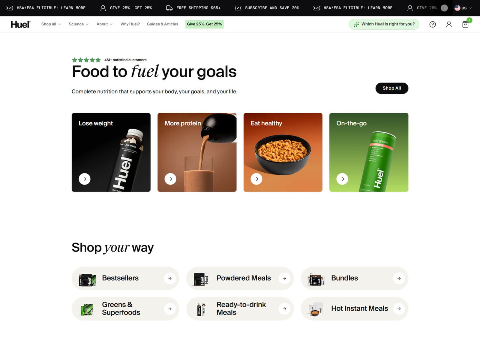 Huel homepage hero section with 4M plus satisfied customers badge, Food to fuel your goals headline, Shop All CTA button, and four goal-based category cards for Lose weight, More protein, Eat healthy, and On-the-go
